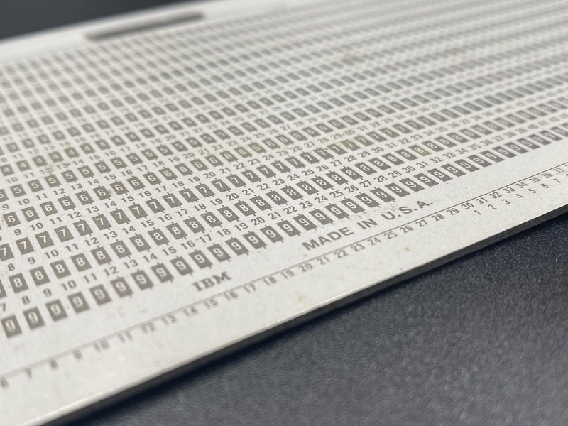 Detail of the card gauge show the labels reading "IBM" and "Made in U.S.A.".