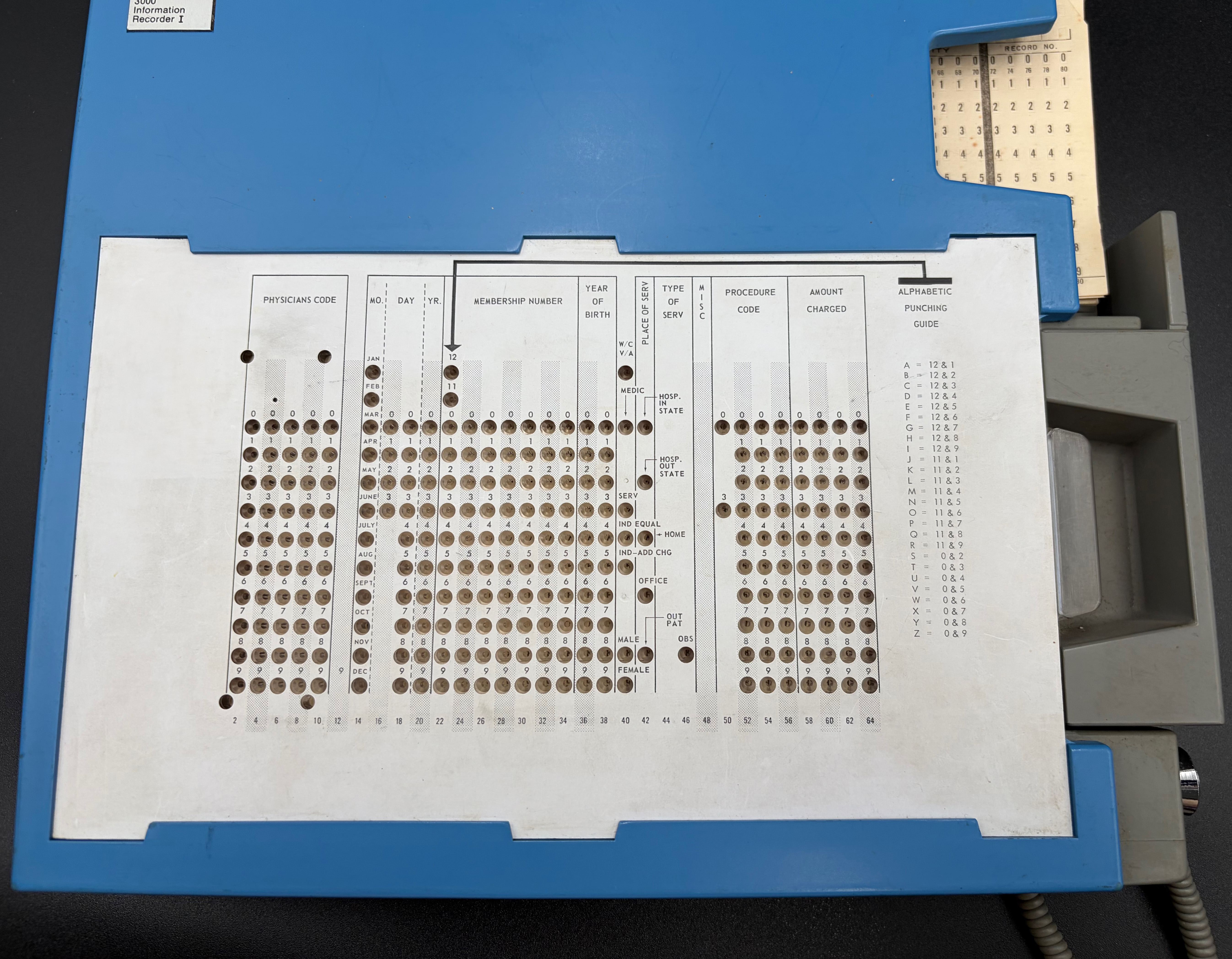 View of the punching area with a perforated card inserted and template overlay inserted.