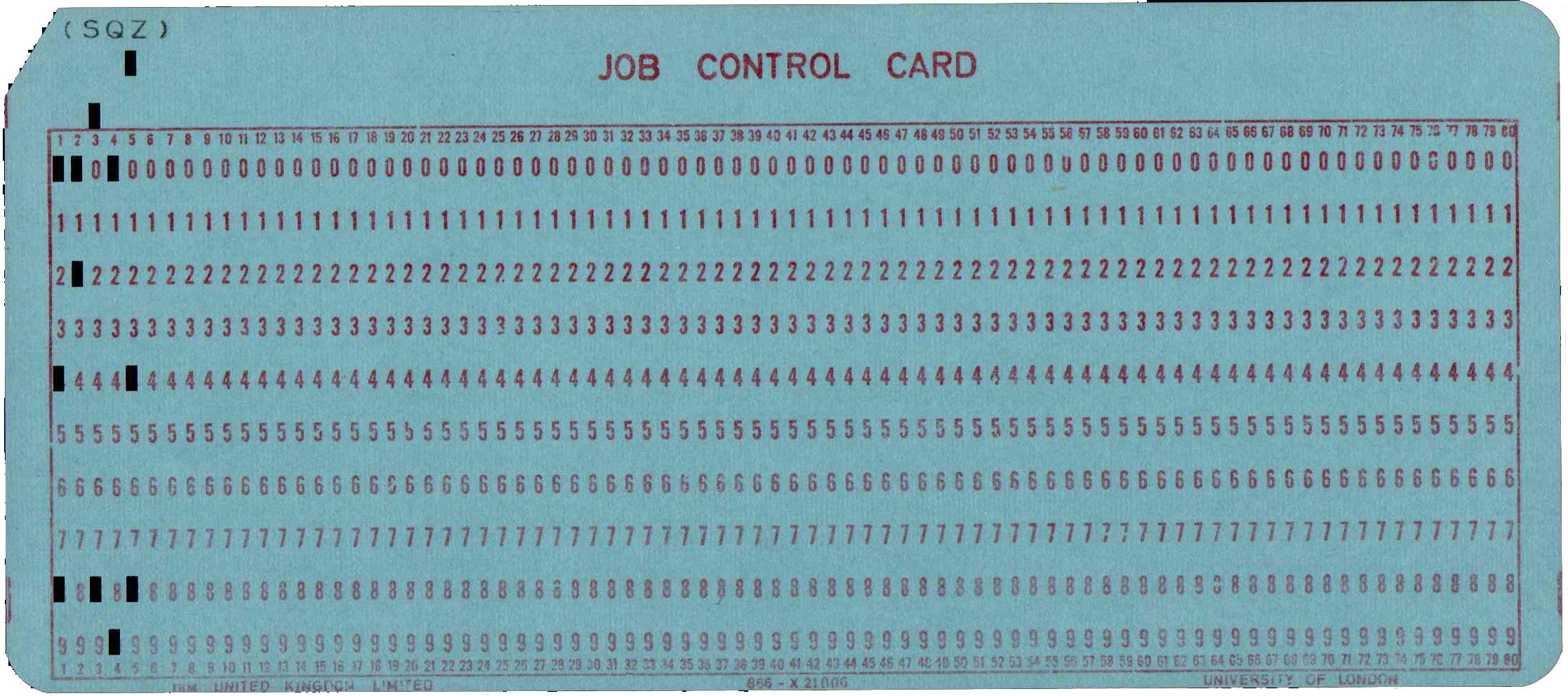 Front of punched card with the characters '(SQZ)' punched