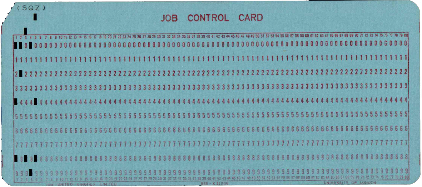 Front of punched card with the characters '(SQZ)' punched