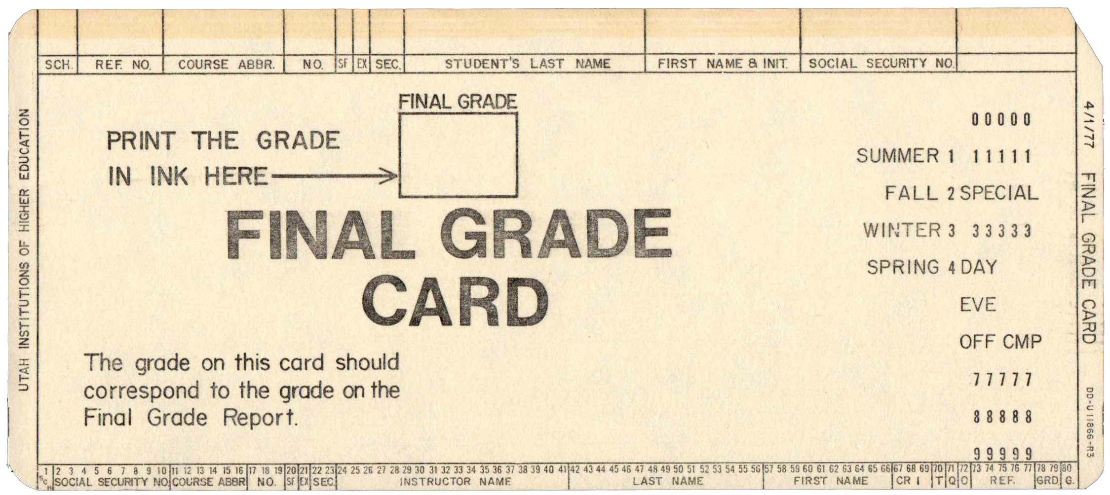 Front of unpunched card