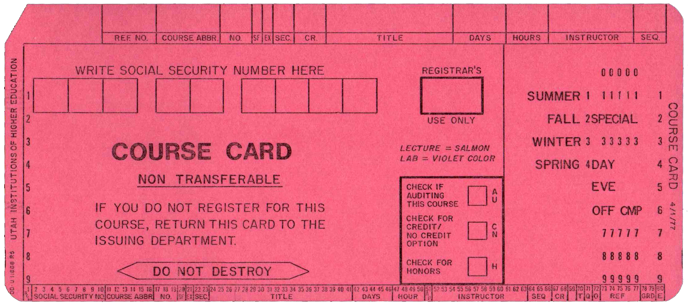 Front of unpunched card
