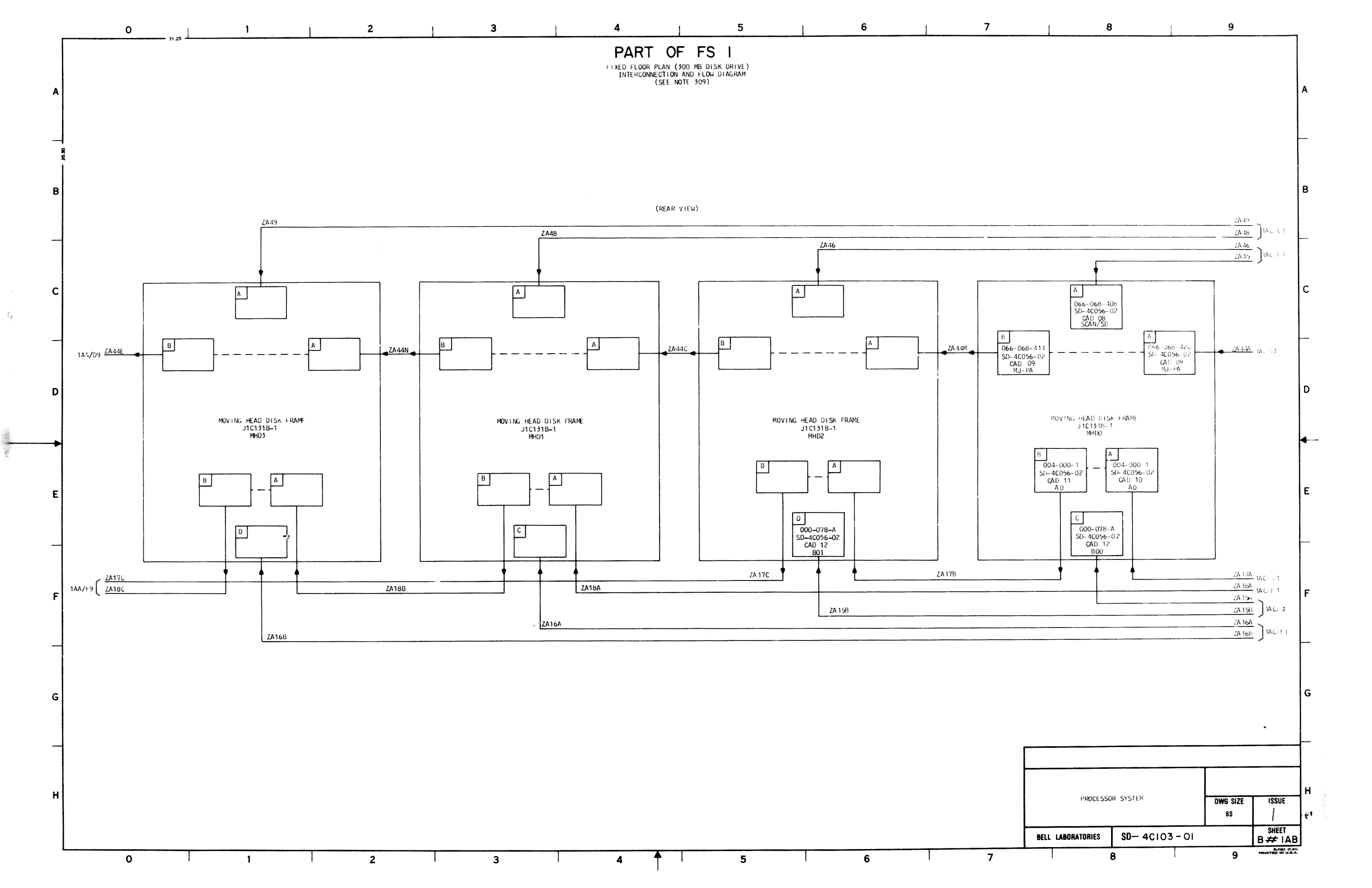 Scan of embedded microfilm - An engineering drawing of a Bell Laboratories "Processor System" drawing showing an interconnection and flow diagram for four "Moving Head Disk Frames".