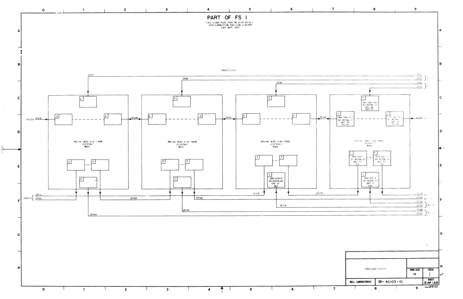 Scan of embedded microfilm - An engineering drawing of a Bell Laboratories "Processor System" drawing showing an interconnection and flow diagram for four "Moving Head Disk Frames".