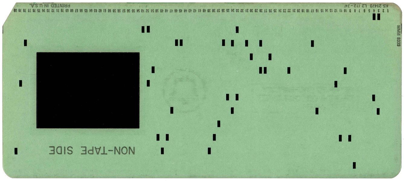 Back of punched card for drawing 97273. Note the top left corner is not cut.