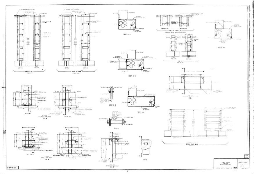 Scan of embedded microfilm for drawing 97273 - An engineering drawing of a Western Electric Equipment Frame with cable ducts.