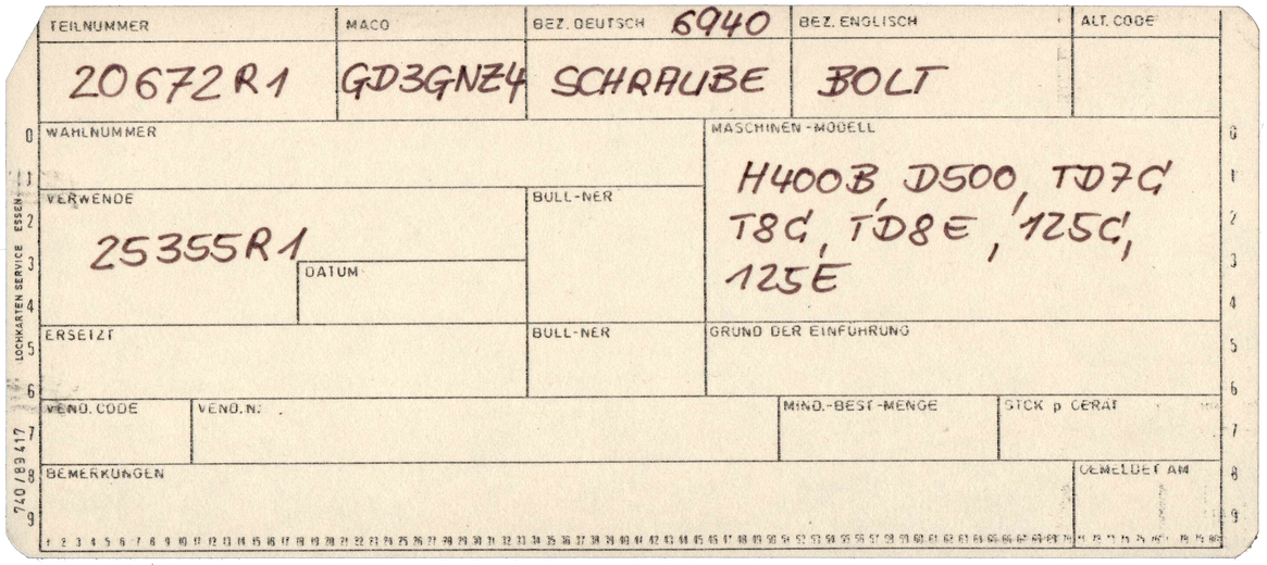 Part Tracking Card - Lochkarten Service, Essen