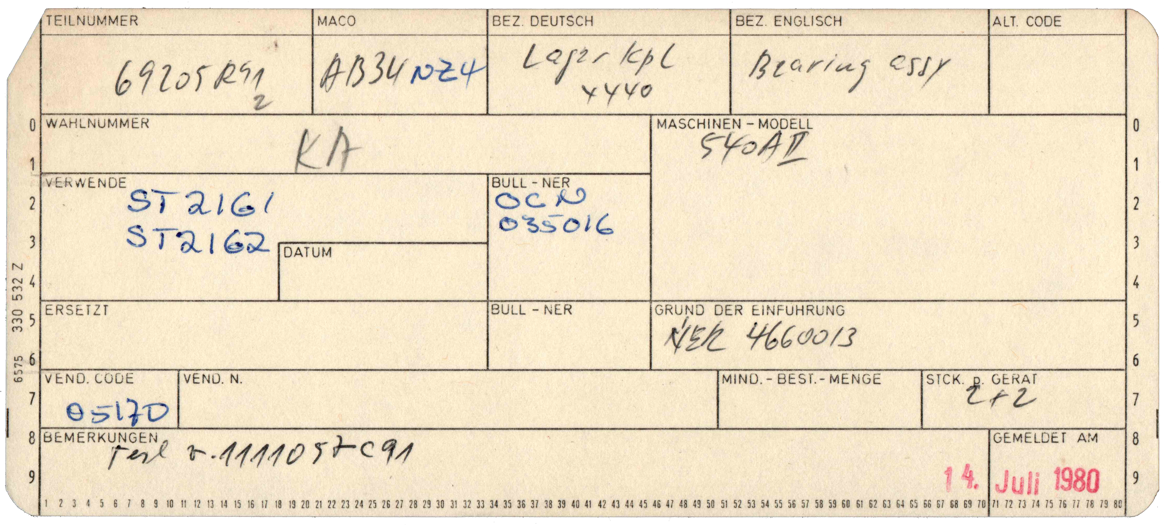 Front of punched card