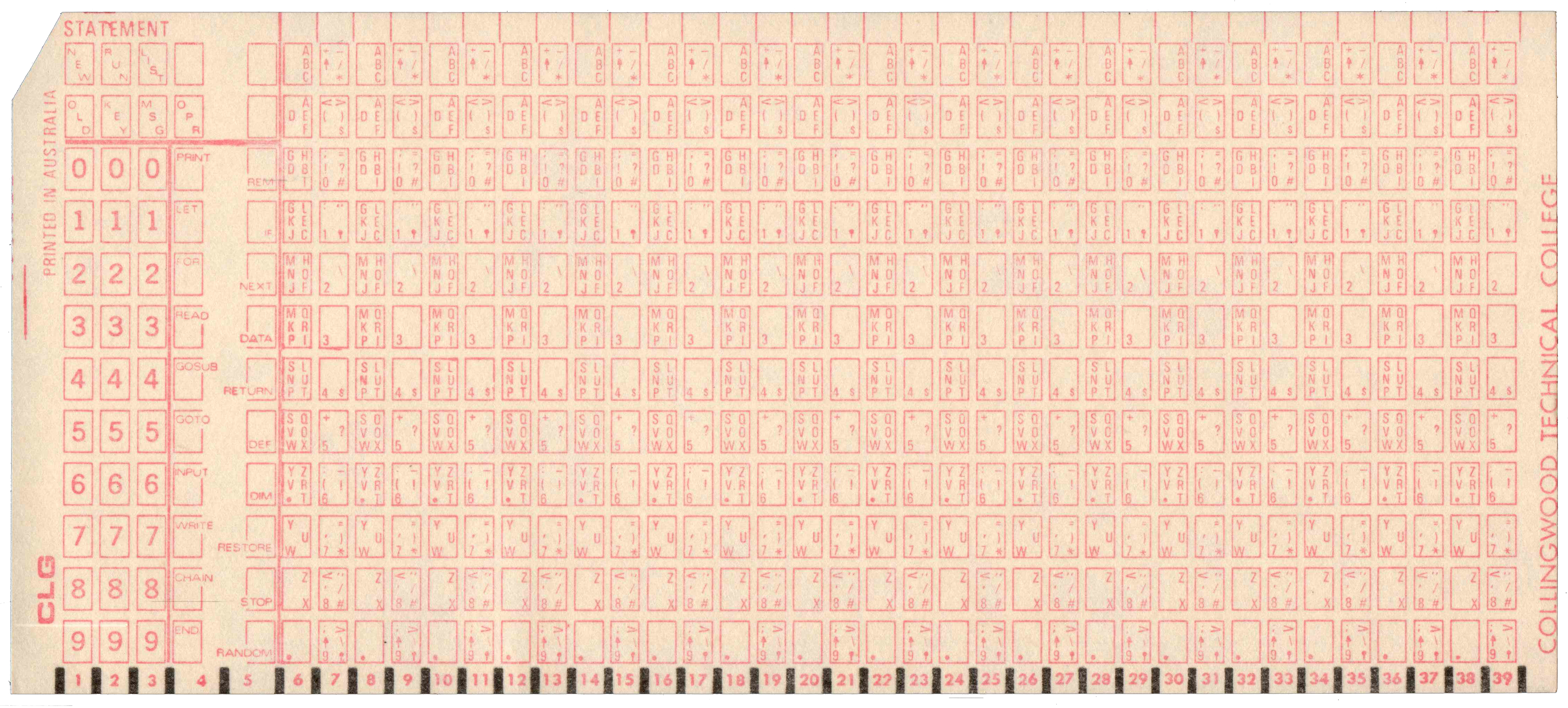 Front of unpunched card