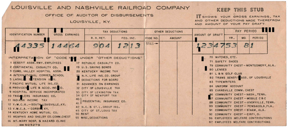 Louisville and Nashville Railroad Company - Pay Stub