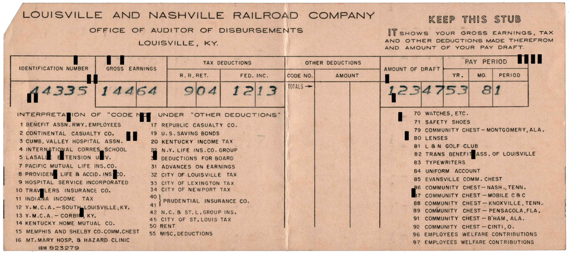 Louisville and Nashville Railroad Company - Pay Stub