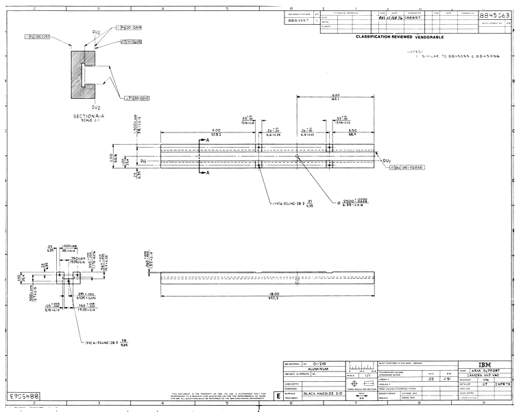 Scan of embedded microfilm - A technical drawing of a nondescript support arm for an IBM product.