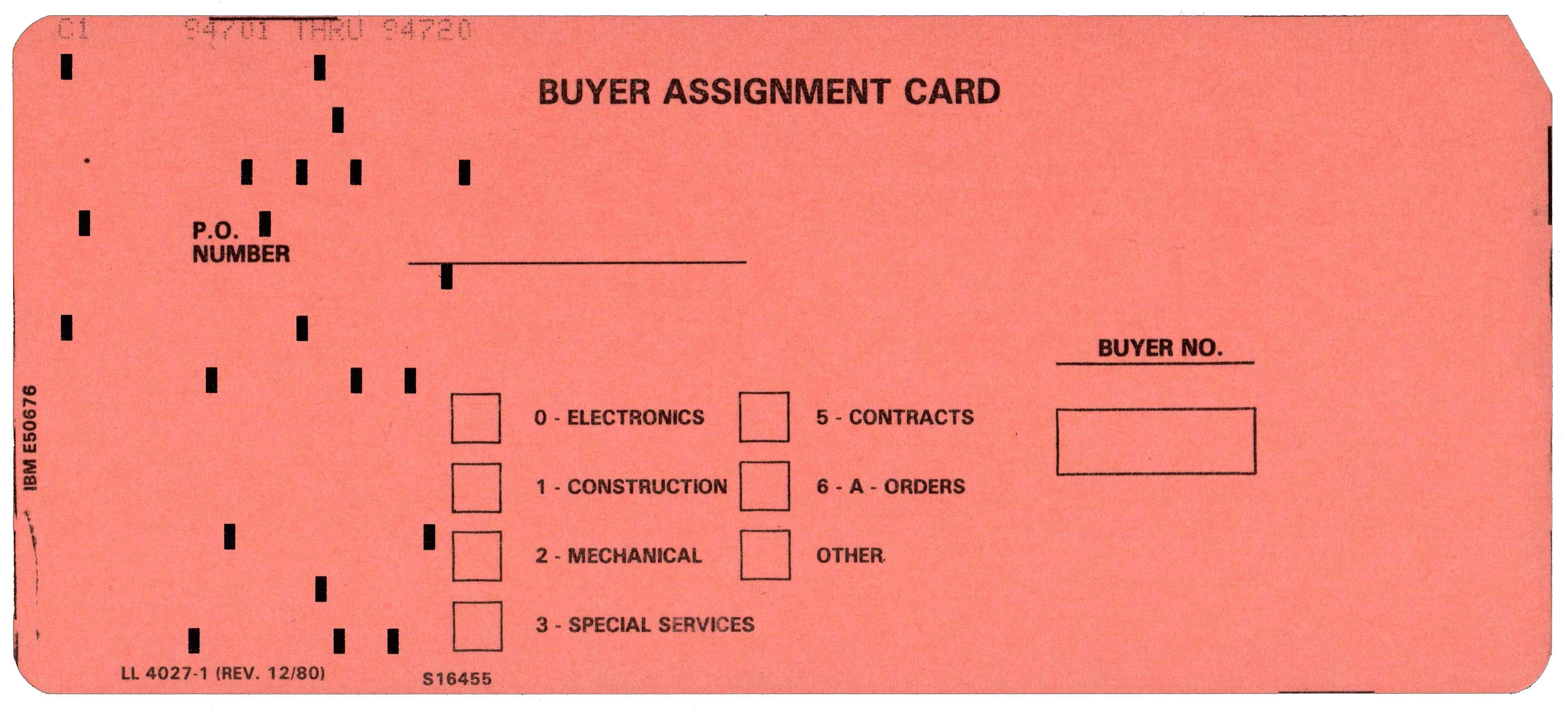 Front of a punched card