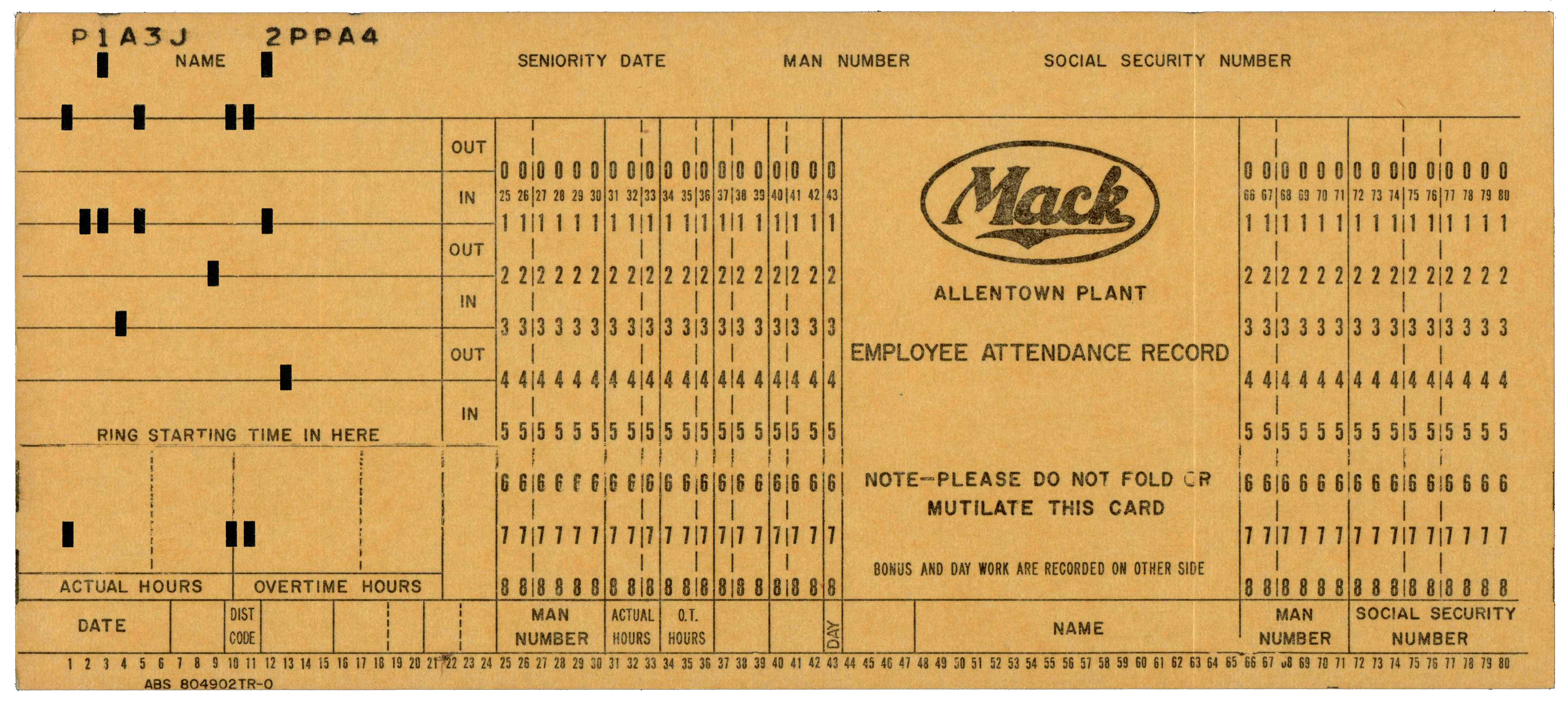 Front of a punched card