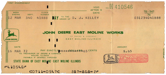 John Deere East Moline Works - Payroll Cheque