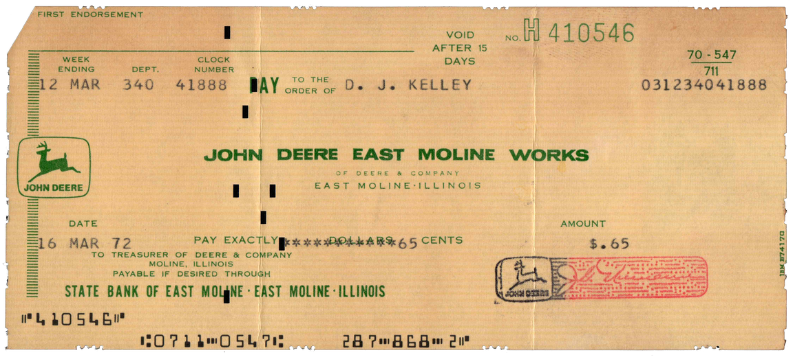 John Deere East Moline Works - Payroll Cheque